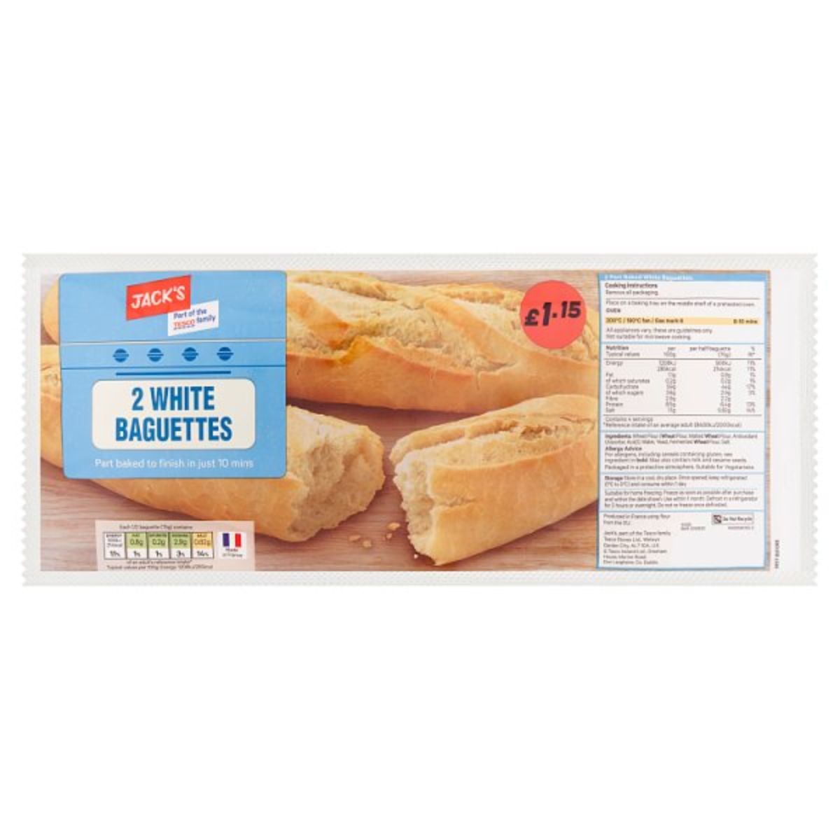 A bag of Jacks - Part Baked White Baguettes - 2 Pack with a label on it. A bag of Jacks - Part Baked White Baguettes - 2 Pack with a label on it.