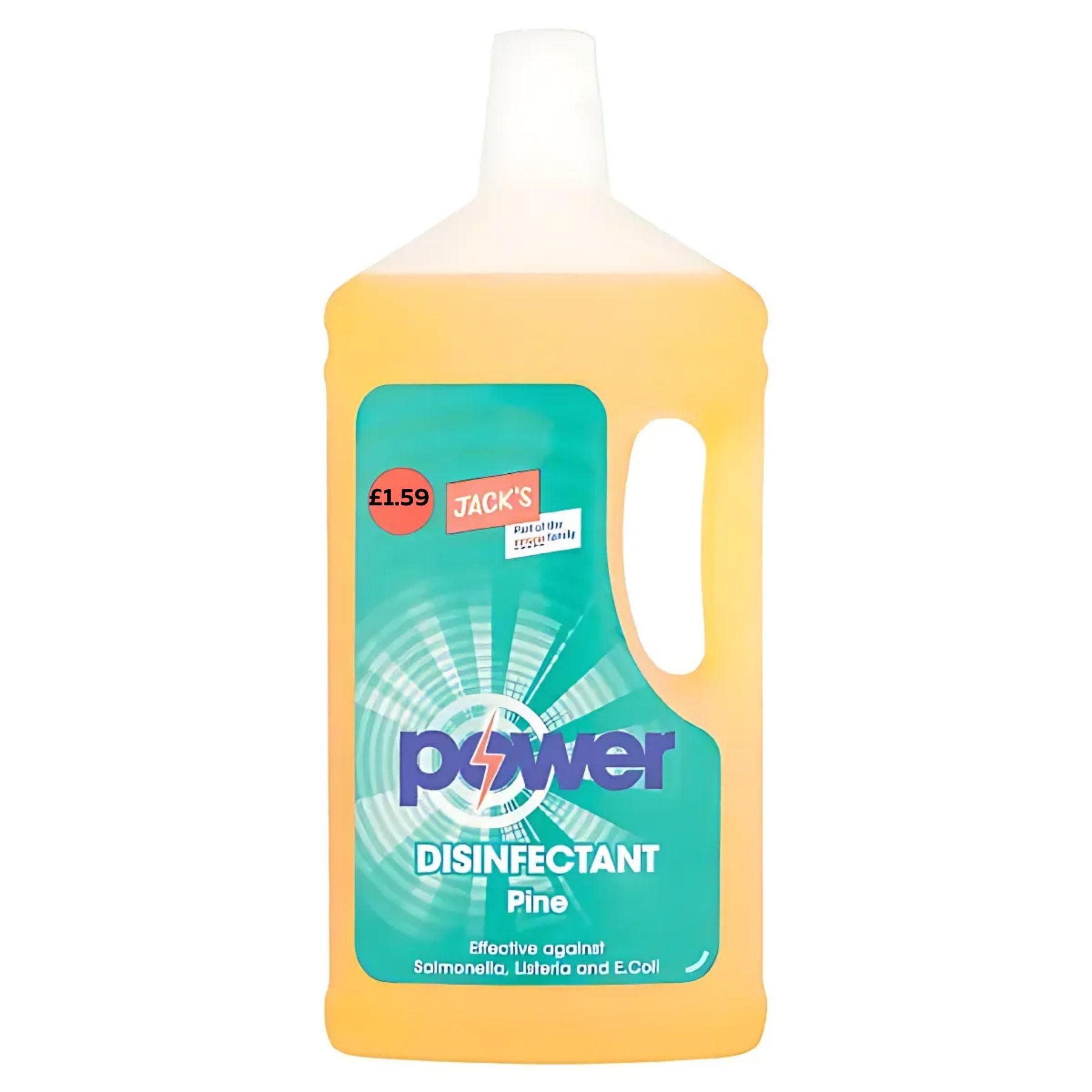 Jacks - Power Disinfectant Pine - 1L, with a green label, costs £1.59 and cleans while killing germs such as Salmonella, Listeria, and E. coli. Jacks - Power Disinfectant Pine - 1L, with a green label, costs £1.59 and cleans while killing germs such as Salmonella, Listeria, and E. coli.