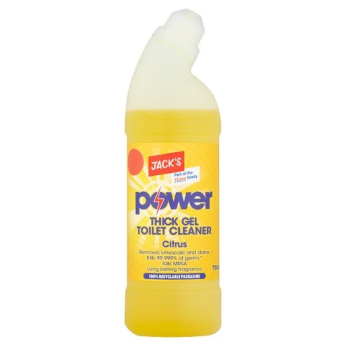 A bottle of Jacks - Power Thick Gel Toilet Cleaner Citrus - 750ml on a white background.