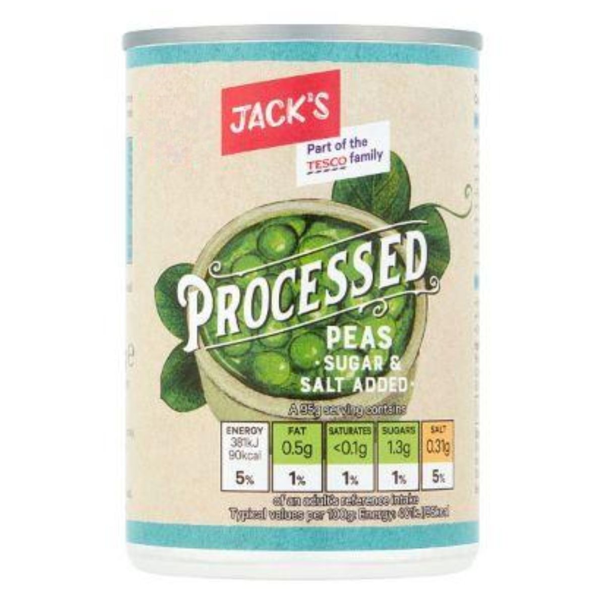 A can of Jacks - Processed Peas - 300g with sugar and salt added. A can of Jacks - Processed Peas - 300g with sugar and salt added.