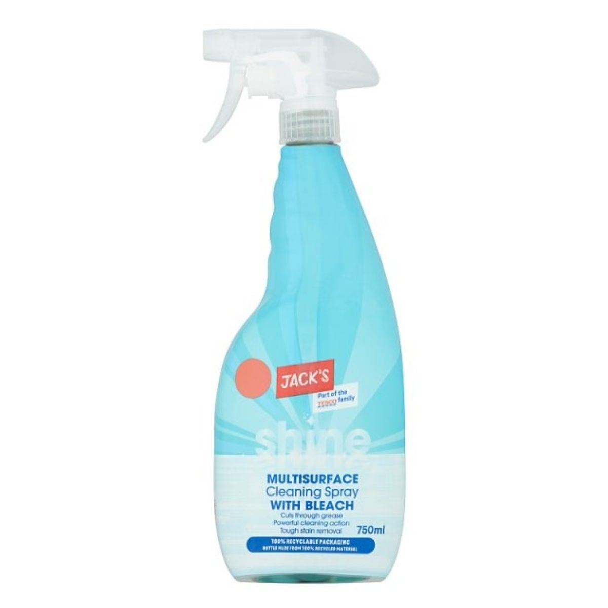 A blue spray bottle containing Jacks - Shine Multisurface Cleaning Spray with Bleach - 750ml, with a white label.