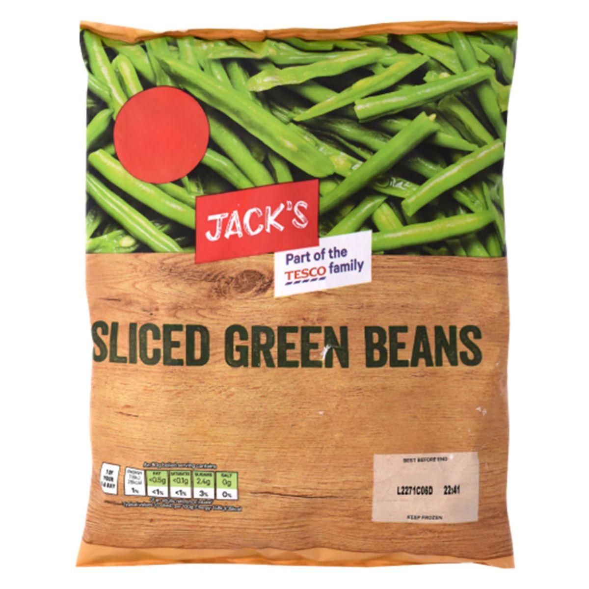 A bag of Jacks - Sliced Green Beans - 500g with nutritional information, part of the tesco family, displayed on a wood-textured background.