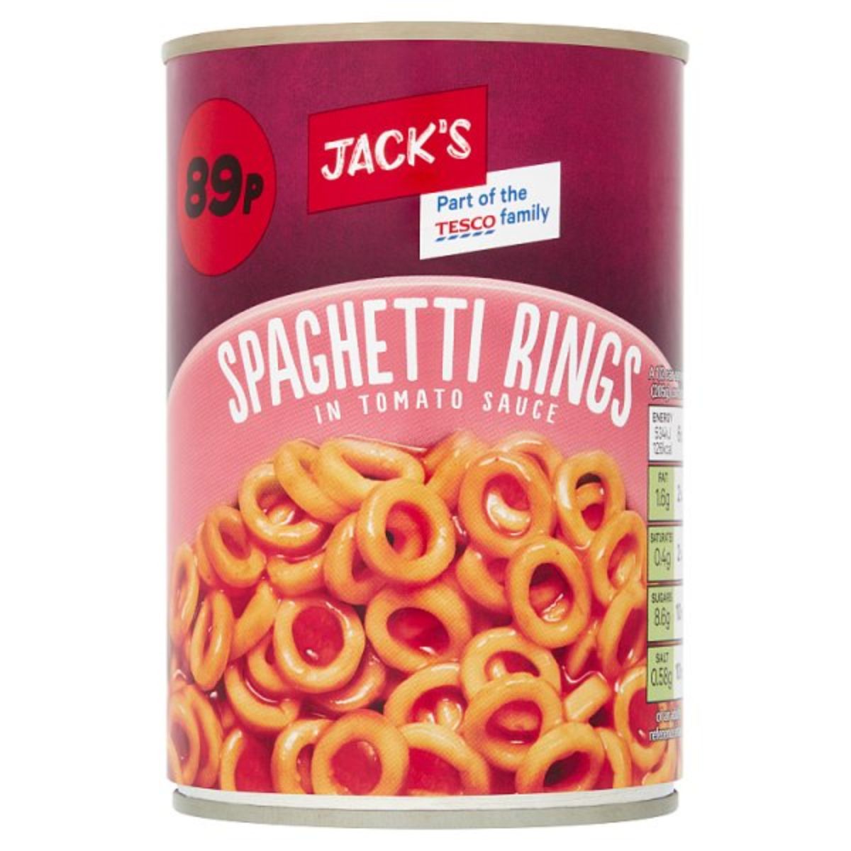 Jacks - Spaghetti Rings in Tomato Sauce - 410g in a can. Jacks - Spaghetti Rings in Tomato Sauce - 410g in a can.