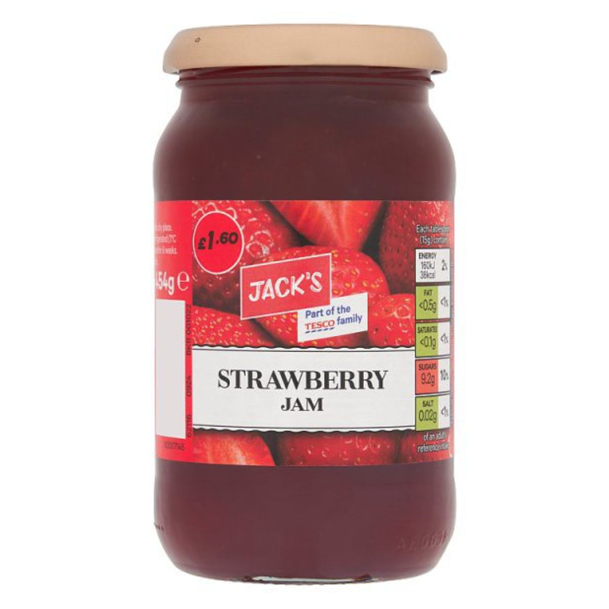 A jar of Jacks - Strawberry Jam - 454g on a white background.