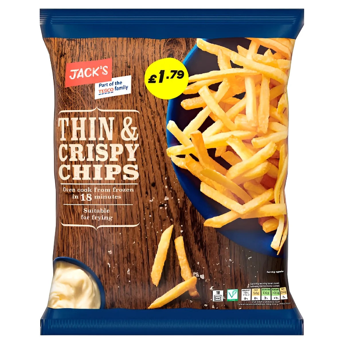 A 750g bag of Jacks Thin & Crispy Chips, known for their satisfying crispiness, comes with cooking and nutritional info on the pack, and is priced at £1.79. A 750g bag of Jacks Thin & Crispy Chips, known for their satisfying crispiness, comes with cooking and nutritional info on the pack, and is priced at £1.79.