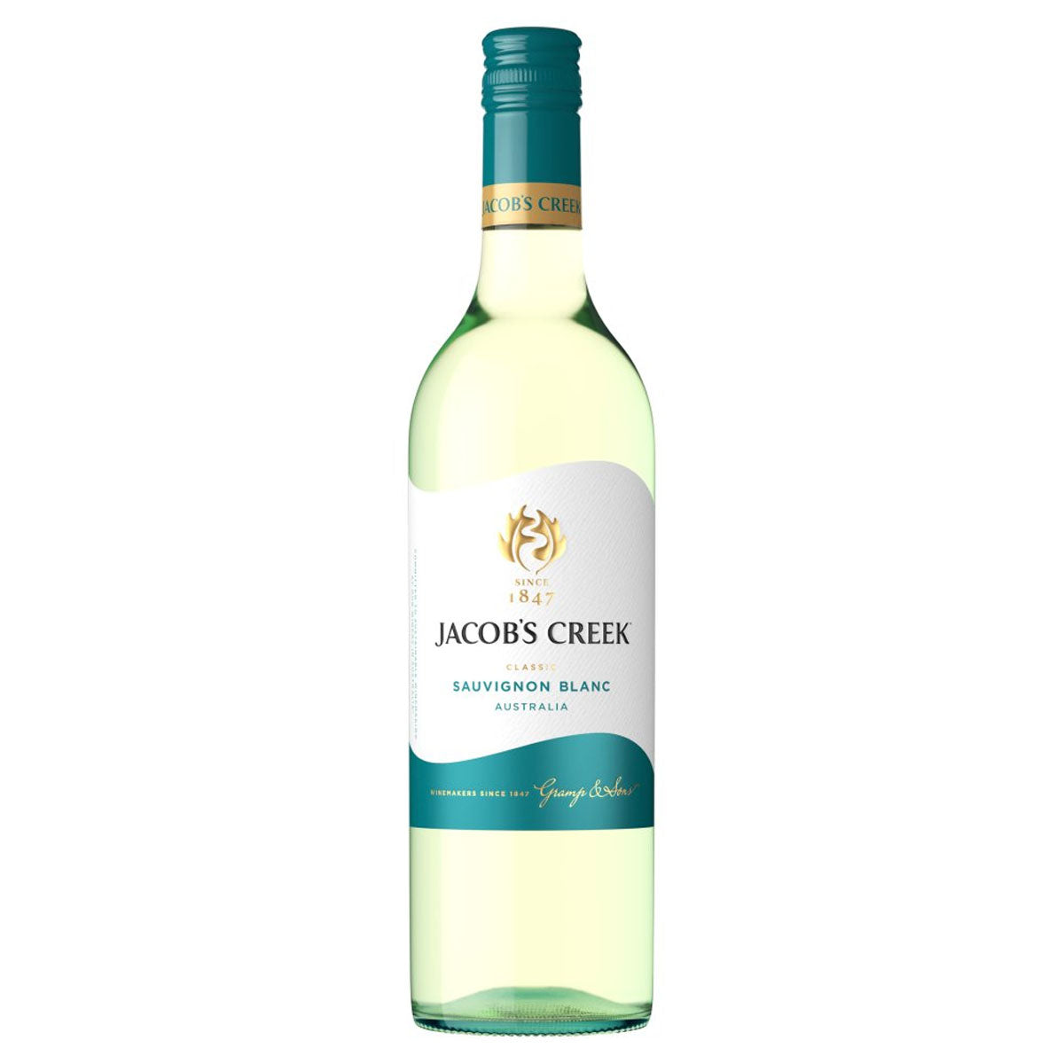 A bottle of Jacobs - Creek Sauvignon Blanc White Wine (11.5% ABV) - 750ml on a white background.