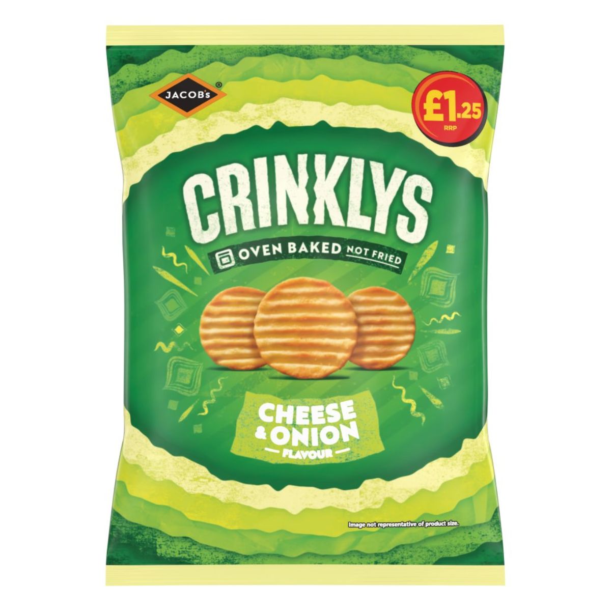 A package of Jacobs - Crinklys Cheese & Onion Snacks, highlighting that they are oven baked, not fried, with a price tag of £1.25.