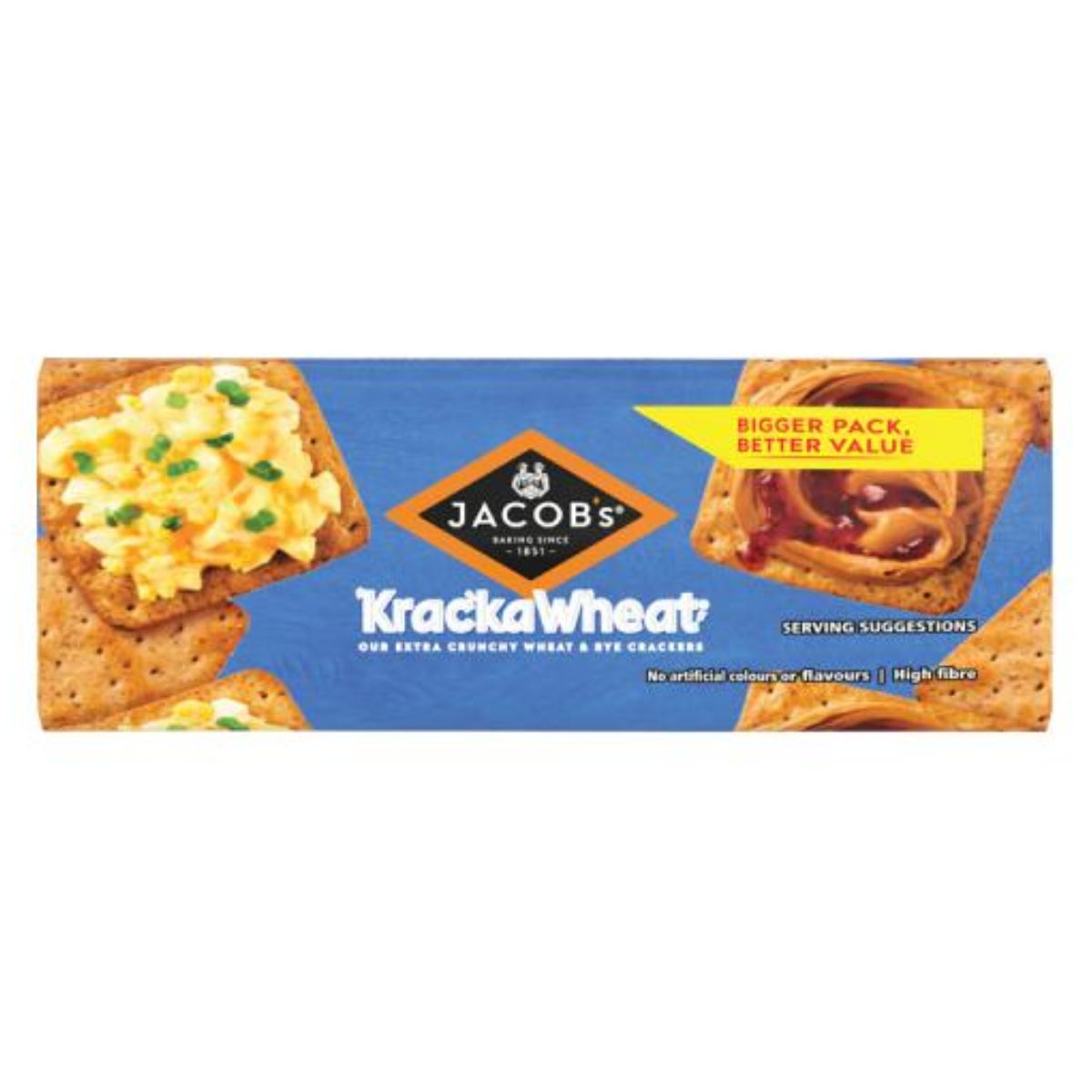 A pack of Jacobs - Krackawheat - 230g crackers displaying images of the crackers topped with egg salad and melted cheese.