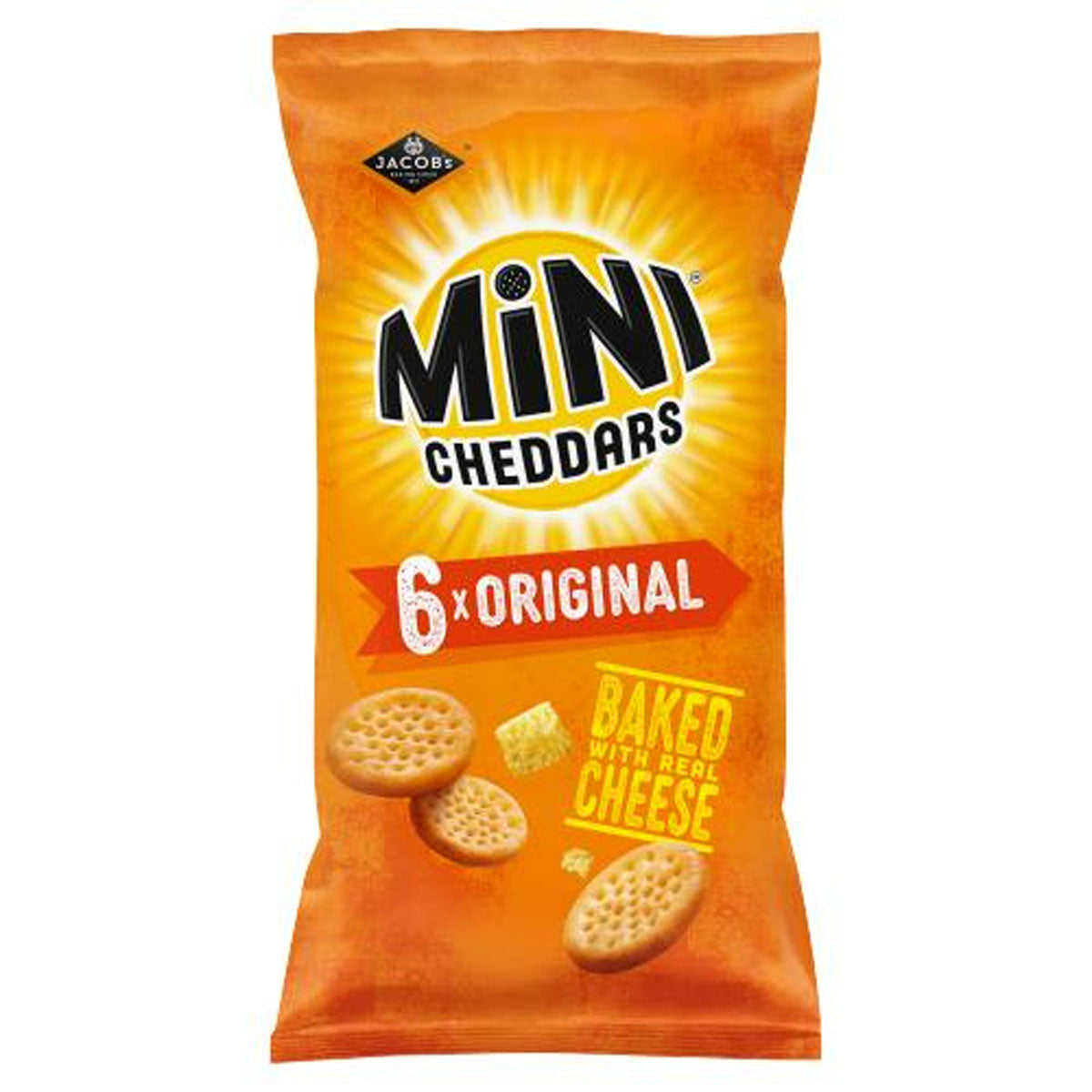 A Jacobs - Mini Cheddars 6 Original - 138g on a white background. A Jacobs - Mini Cheddars 6 Original - 138g on a white background.