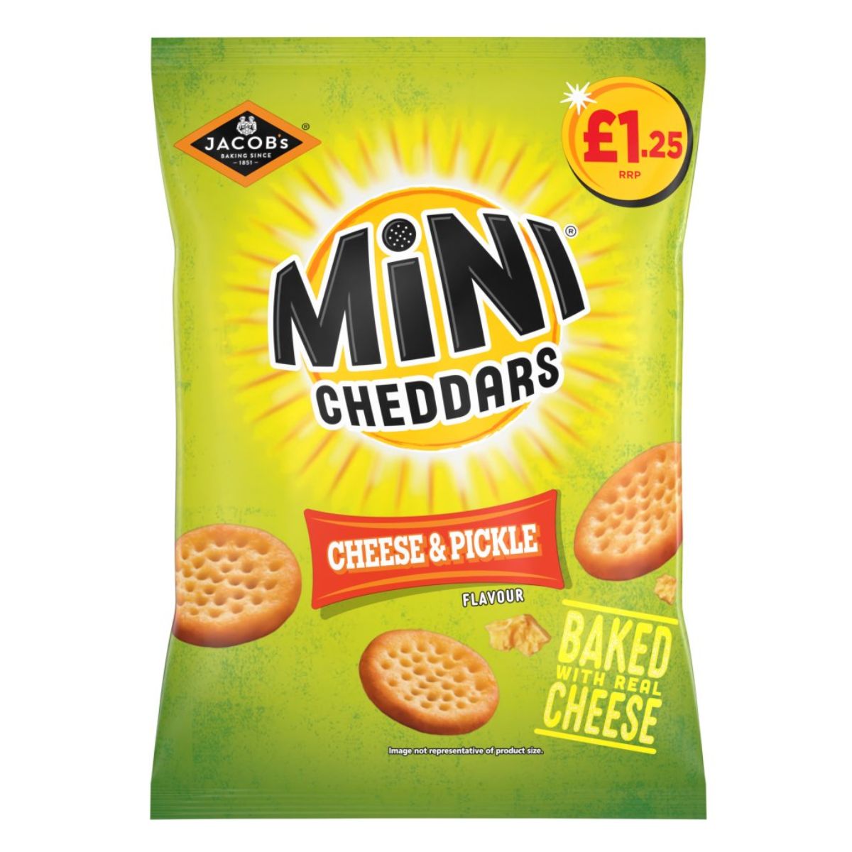 Packaging of Jacobs - Mini Cheddars Cheese & Pickle Snacks - 90g, featuring the product image against a bright yellow background.