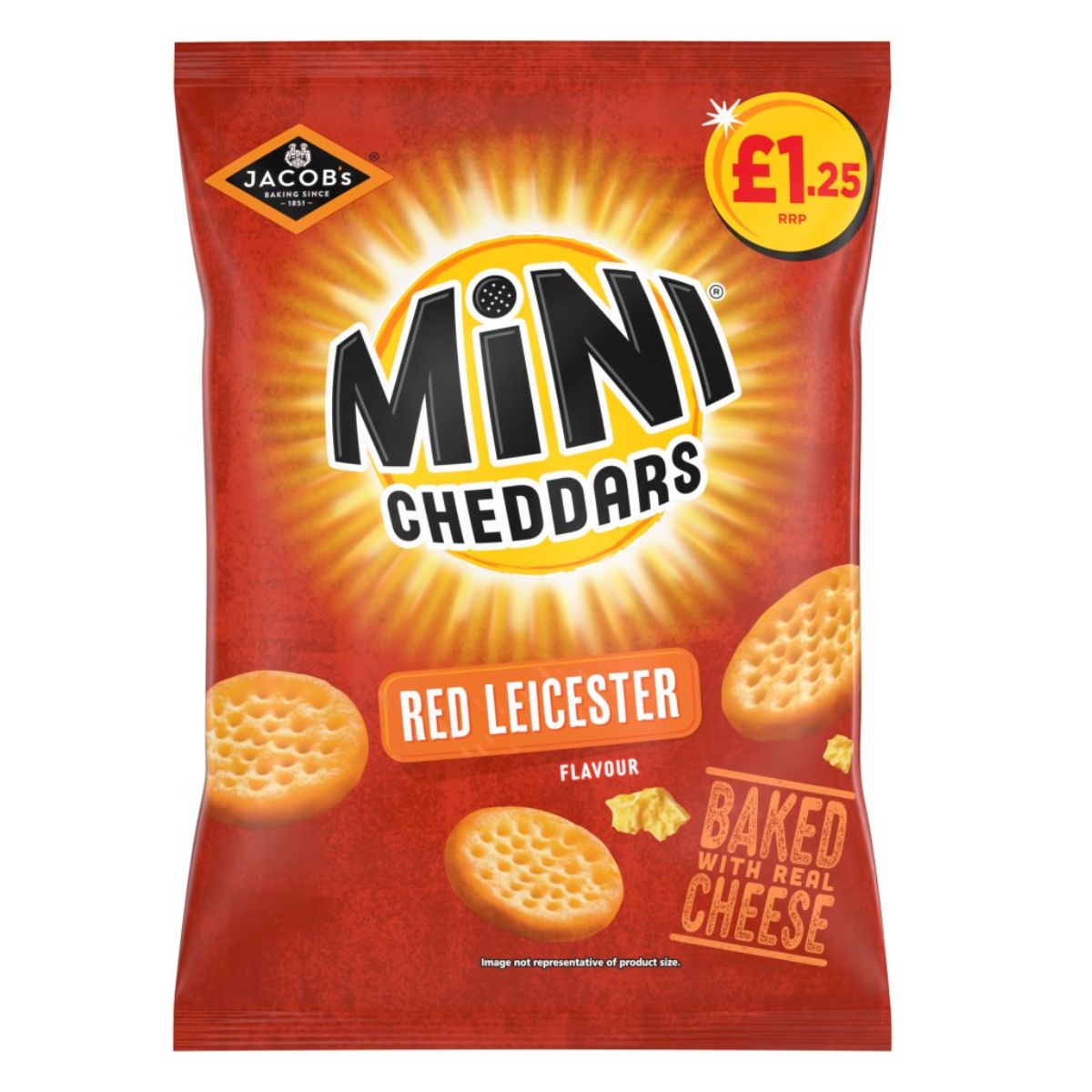 Bag of Jacobs Mini Cheddars Red Leicester Snacks - 90g, featuring the product logo and several crackers against a radiant orange background. Bag of Jacobs Mini Cheddars Red Leicester Snacks - 90g, featuring the product logo and several crackers against a radiant orange background.