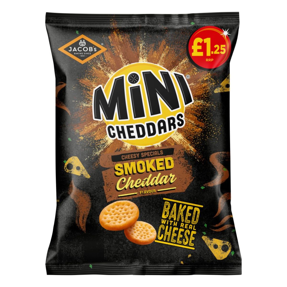 Package of Jacobs - Mini Cheddars Smoked Cheddar Baked Snacks in smoked cheddar flavor, with an advertised price of £1.25, displayed prominently on a black background with cheese graphics. Package of Jacobs - Mini Cheddars Smoked Cheddar Baked Snacks in smoked cheddar flavor, with an advertised price of £1.25, displayed prominently on a black background with cheese graphics.