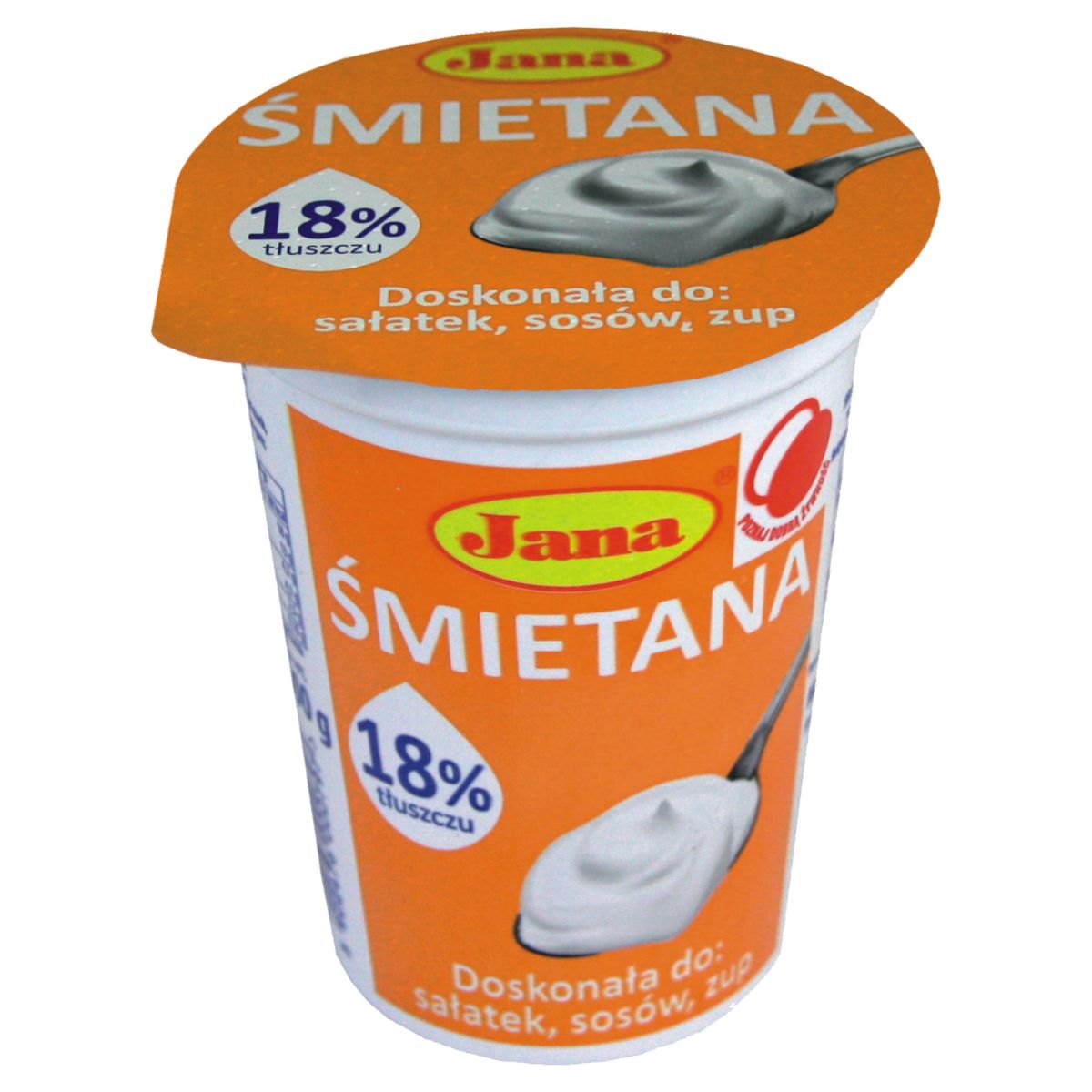 Jana sour cream 18% fat in a cup with a spoon.