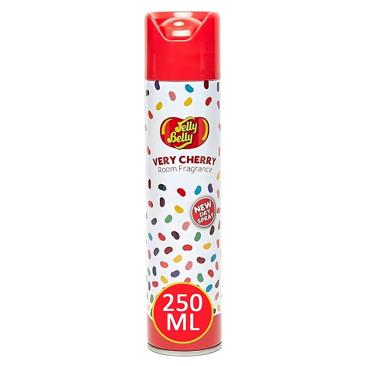 A 250ml can of Jelly Belly - Very Cherry Room Fragrance features a red cap and a vibrant jelly bean pattern on the label. A 250ml can of Jelly Belly - Very Cherry Room Fragrance features a red cap and a vibrant jelly bean pattern on the label.