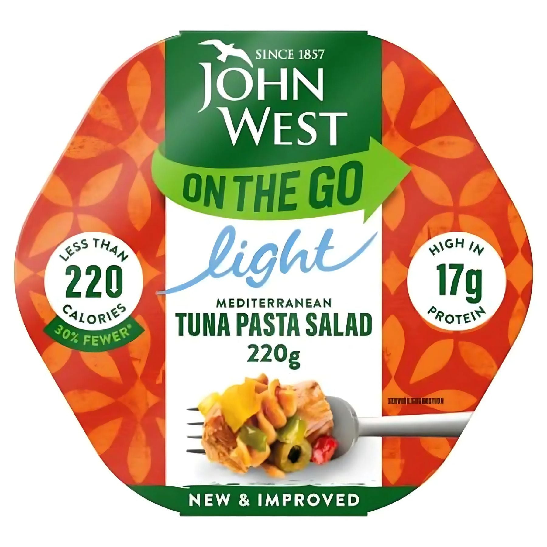 John West - On The Go Mediterranean Tuna Pasta Salad (220g) is a ready-to-eat meal with under 220 calories and 17g of protein per pack, shown enticingly served on a fork. John West - On The Go Mediterranean Tuna Pasta Salad (220g) is a ready-to-eat meal with under 220 calories and 17g of protein per pack, shown enticingly served on a fork.