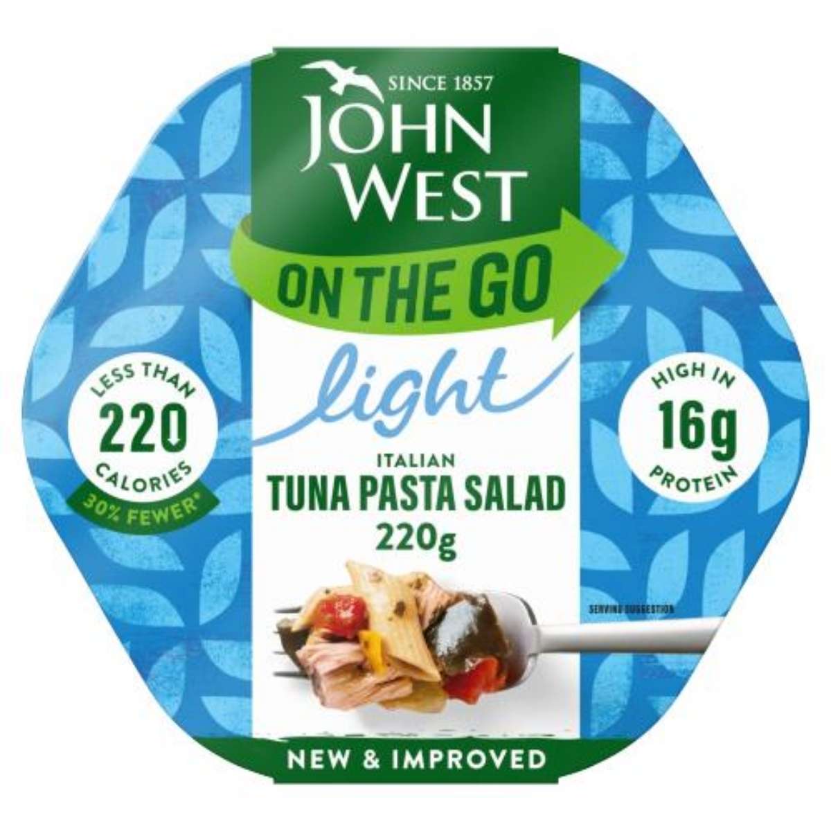 The John West - On the Go Italian Tuna Pasta Salad, 220g, offers a delicious and nutritious meal option. Featuring "less than 220 calories" and "high in 16g protein," it's perfect for health-conscious individuals. Plus, it includes responsibly sourced tuna caught individually by pole line. The John West - On the Go Italian Tuna Pasta Salad, 220g, offers a delicious and nutritious meal option. Featuring "less than 220 calories" and "high in 16g protein," it's perfect for health-conscious individuals. Plus, it includes responsibly sourced tuna caught individually by pole line.
