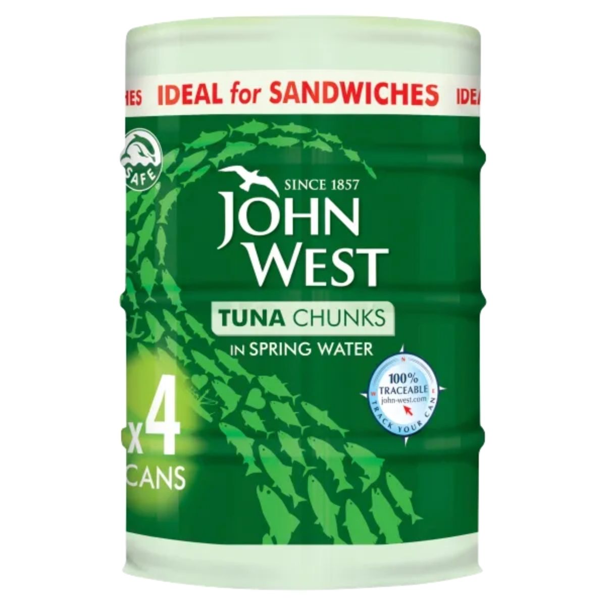 Packaged in green, the John West Tuna Chunks in Spring Water (145g), branded as "Ideal for Sandwiches," includes four cans. Packaged in green, the John West Tuna Chunks in Spring Water (145g), branded as "Ideal for Sandwiches," includes four cans.