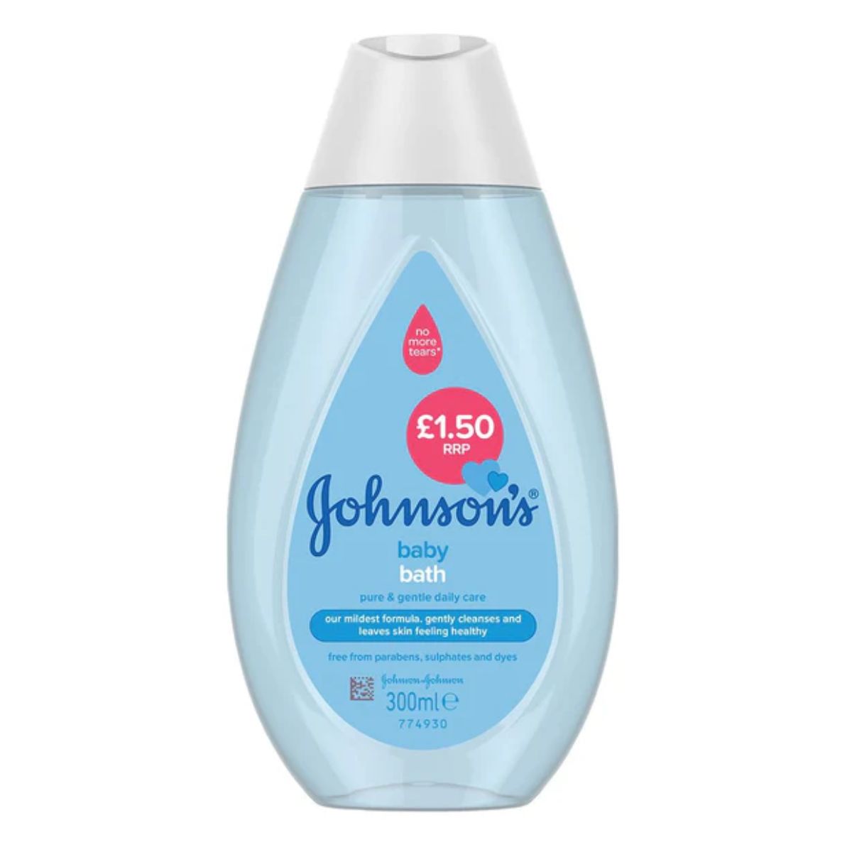 A bottle of Johnsons - Baby Bath - 300ml with a price label of £1.50, featuring a tear-free formula.