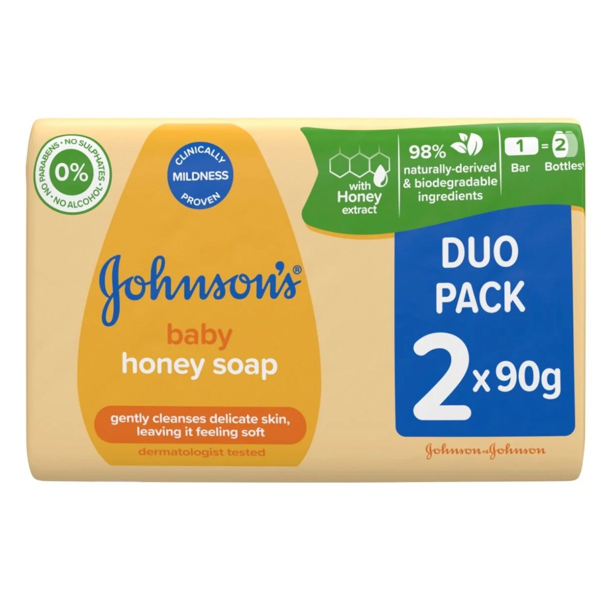 Packaging of Johnsons - Baby Honey Soap - 2pcs duo pack, each bar 90g, highlighting natural ingredients and dermatologist tested.
