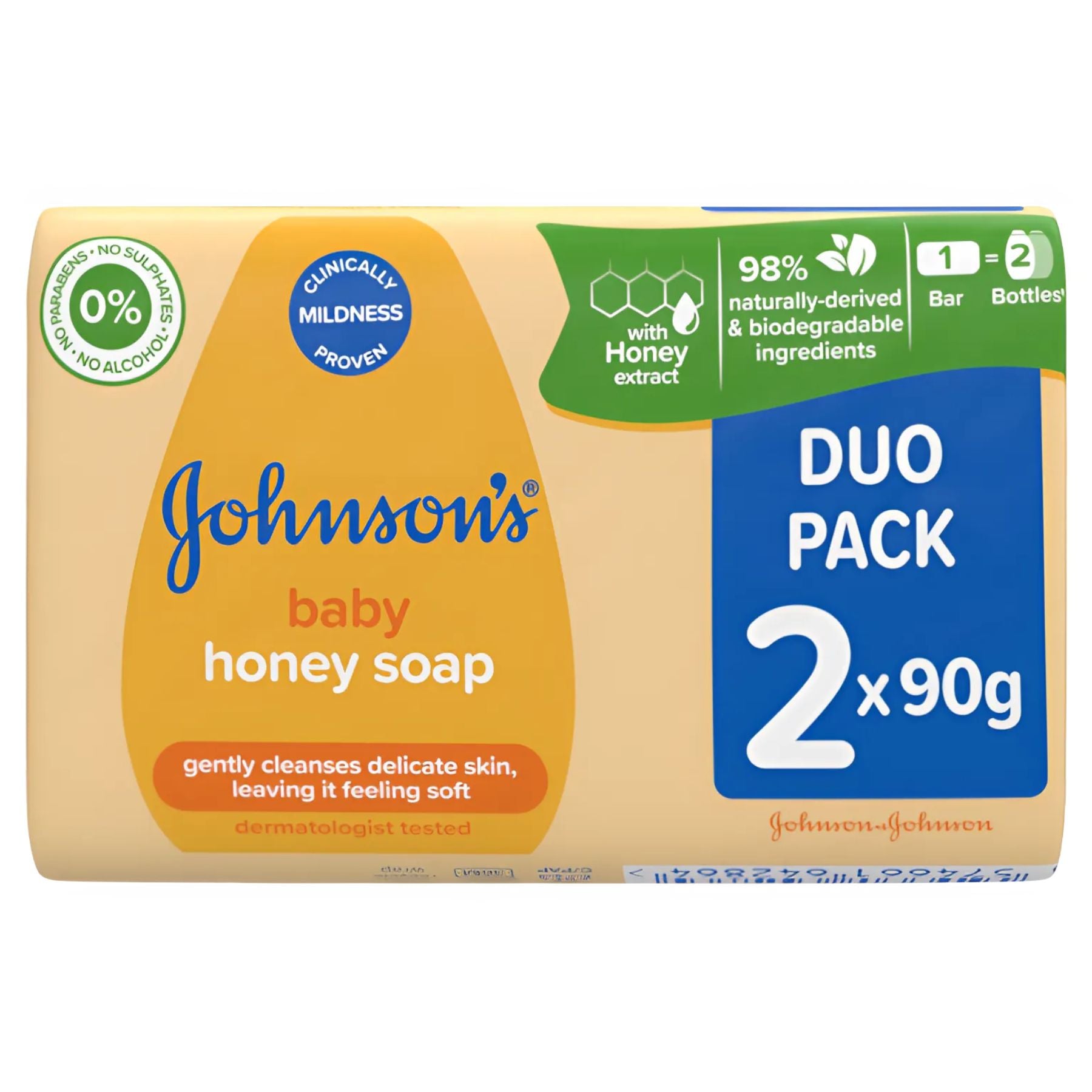 Johnsons - Baby Honey Soap Duo Pack (2 x 90g) features gentle, dermatologically tested bars with honey extract, made from biodegradable ingredients—ideal for delicate skin. Johnsons - Baby Honey Soap Duo Pack (2 x 90g) features gentle, dermatologically tested bars with honey extract, made from biodegradable ingredients—ideal for delicate skin.