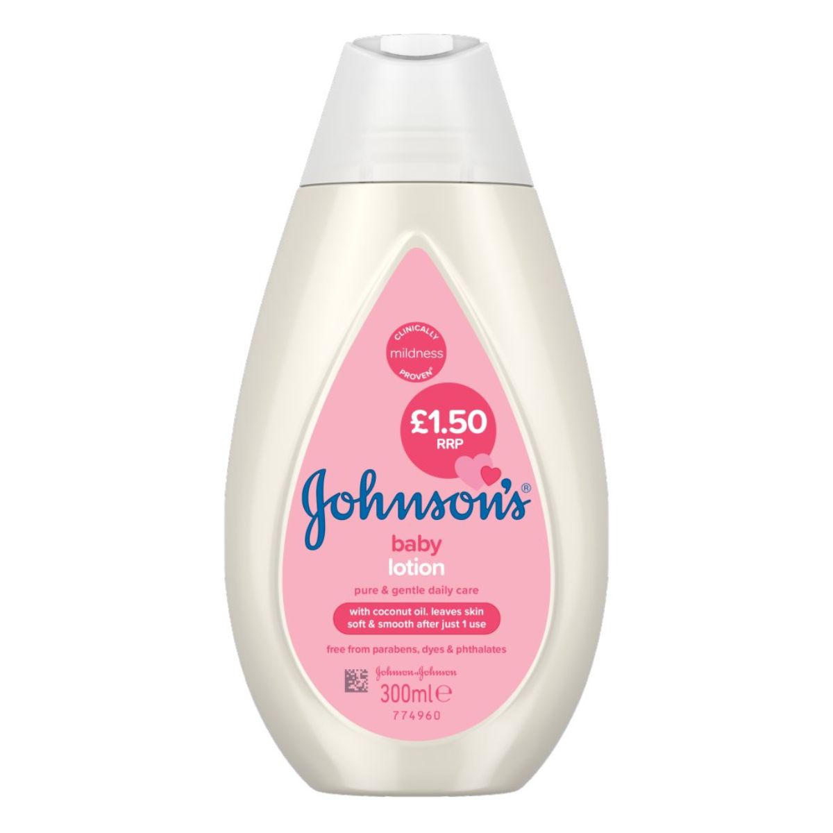 A bottle of Johnsons - Baby Lotion with coconut oil, 300ml, priced at £1.50.