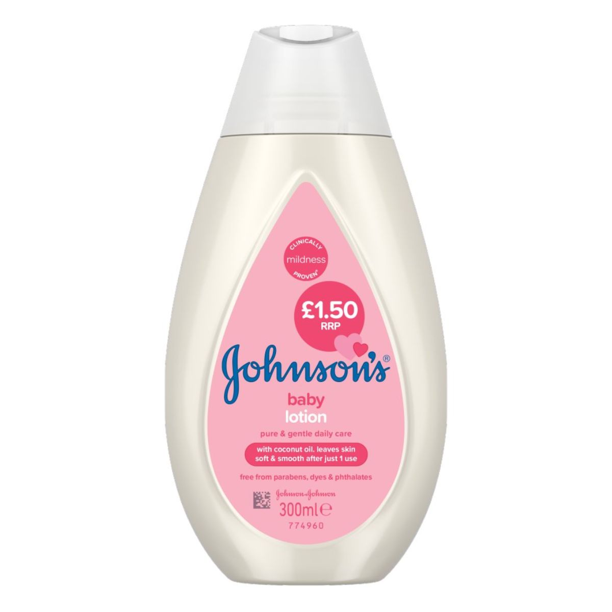 A bottle of Johnsons - Baby Lotion with coconut oil, 300ml, priced at £1.50. A bottle of Johnsons - Baby Lotion with coconut oil, 300ml, priced at £1.50.