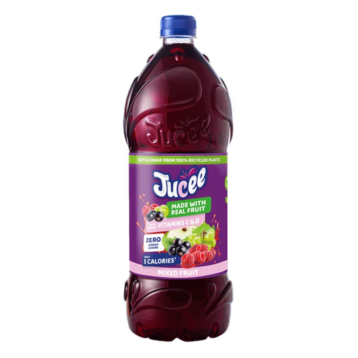 A bottle of Jucee - Mixed Fruits - 1.5L with berries on a white background.