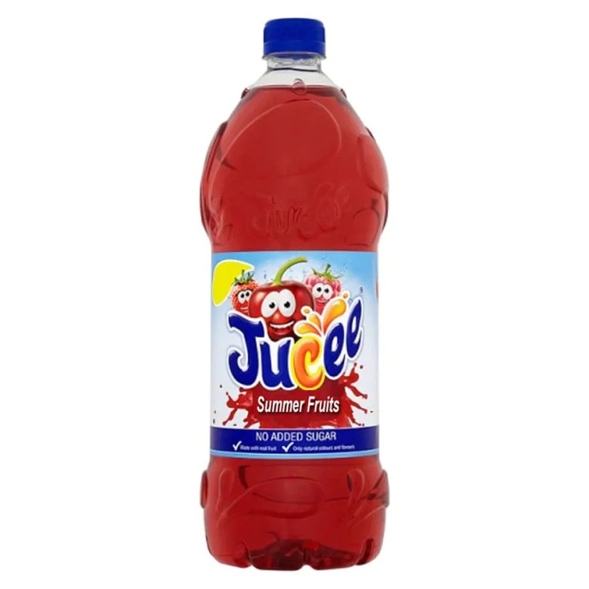 A bottle of Jucee - Summer Fruits Squash - 1.5L drink with a 'no added sugar' label.