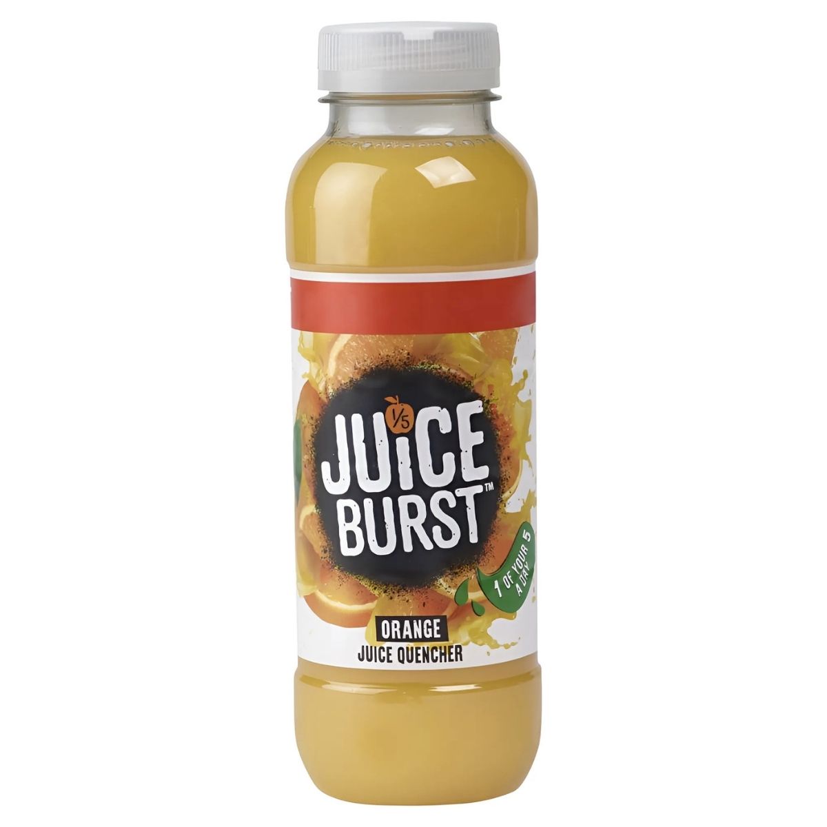 A 330ml clear plastic bottle labeled "Juice Burst - Orange" contains refreshing orange juice. It features a white cap, vibrant orange branding, and a note stating "1 of your 5 a day" beneath the label. A 330ml clear plastic bottle labeled "Juice Burst - Orange" contains refreshing orange juice. It features a white cap, vibrant orange branding, and a note stating "1 of your 5 a day" beneath the label.