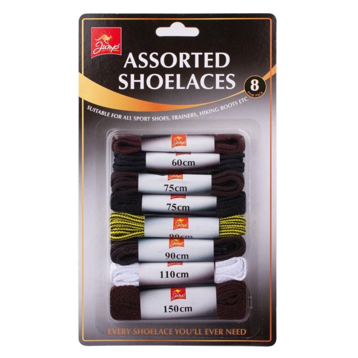 A package of Jump - Assorted Shoelaces - 8pcs in different colors and lengths.
