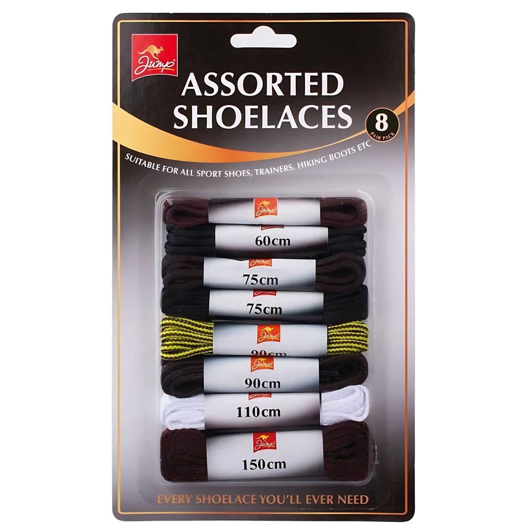 Jump - Assorted Shoelaces - 8pcs includes colorful laces in lengths from 60 cm to 150 cm, packaged in sturdy plastic and cardboard for easy storage. Jump - Assorted Shoelaces - 8pcs includes colorful laces in lengths from 60 cm to 150 cm, packaged in sturdy plastic and cardboard for easy storage.
