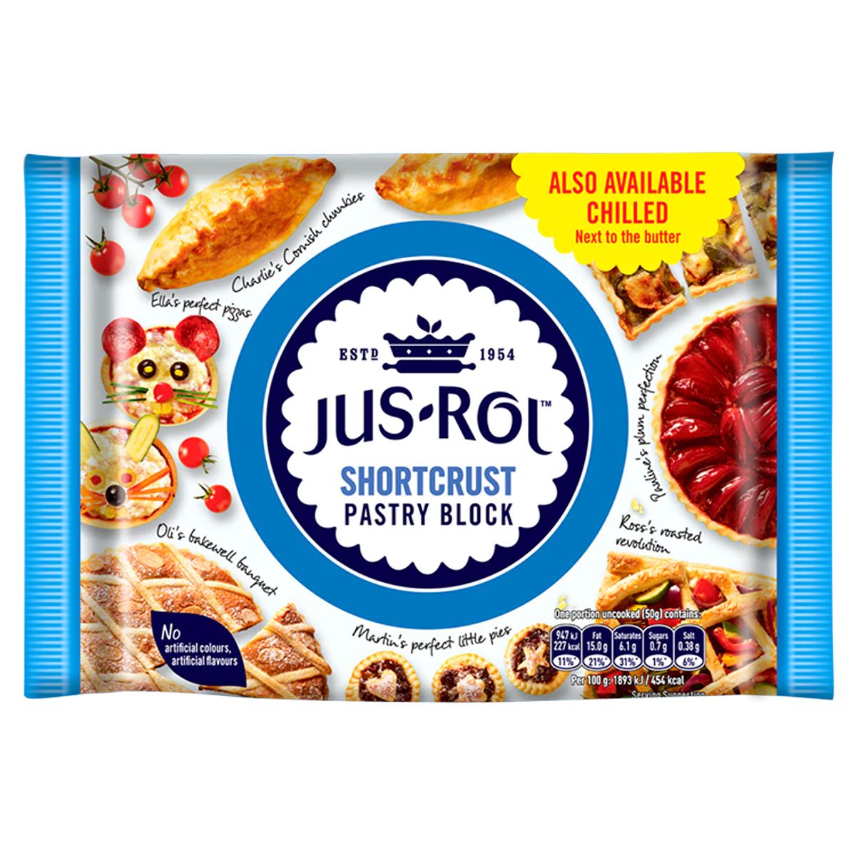 A package of Jus-Rol Shortcrust Pastry Block - 500g showcasing various pastry dishes on the cover.