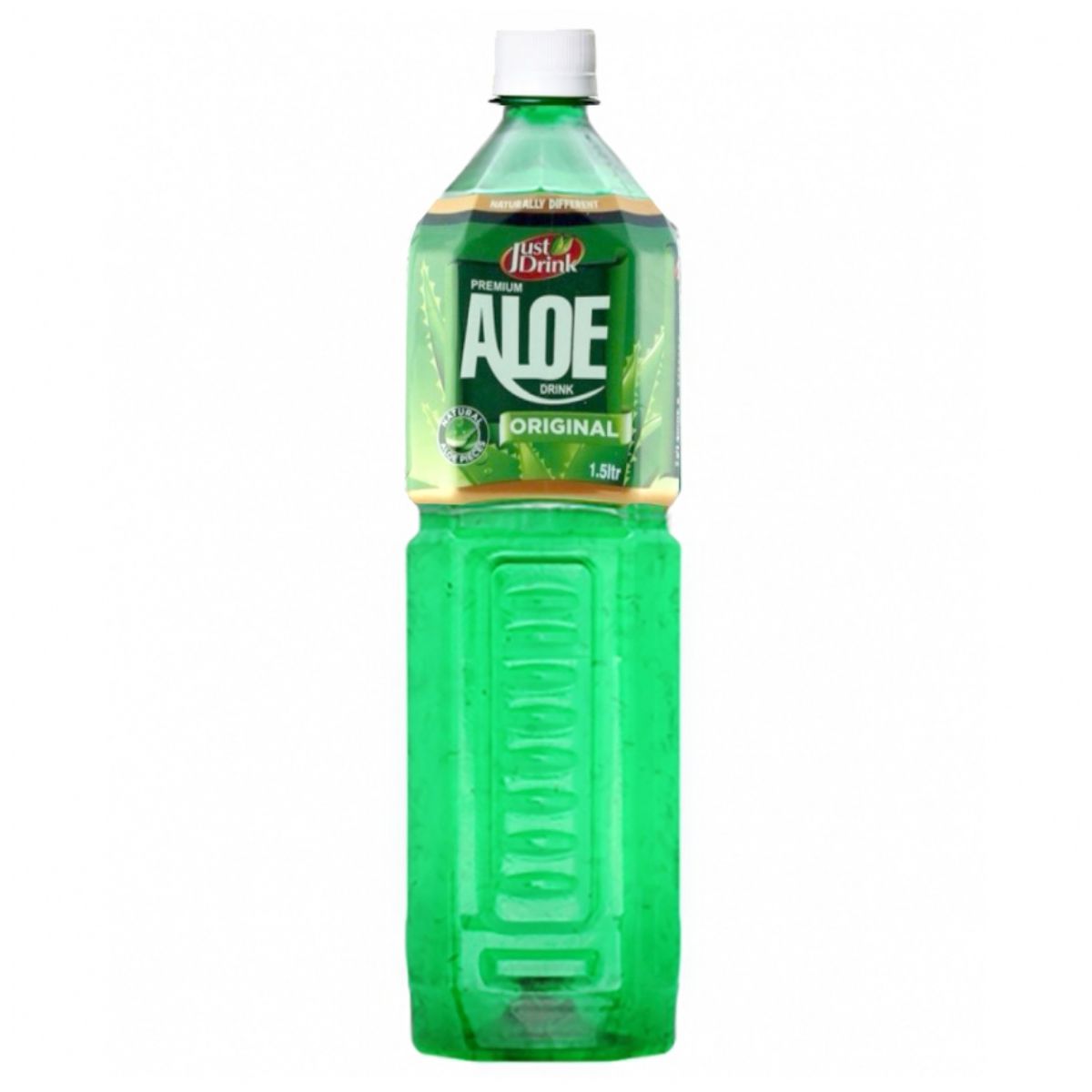 A bottle of Just Drink - Aloe Vera Original Drink - 1.5L on a white background.