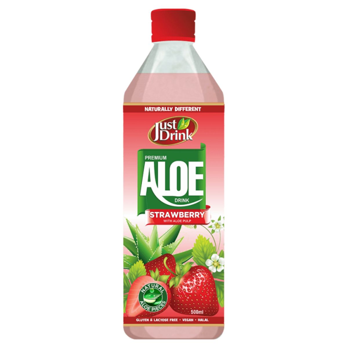 A bottle of Just Drink - Aloe Vera Strawberry Drink - 500ml with strawberries on a white background. A bottle of Just Drink - Aloe Vera Strawberry Drink - 500ml with strawberries on a white background.