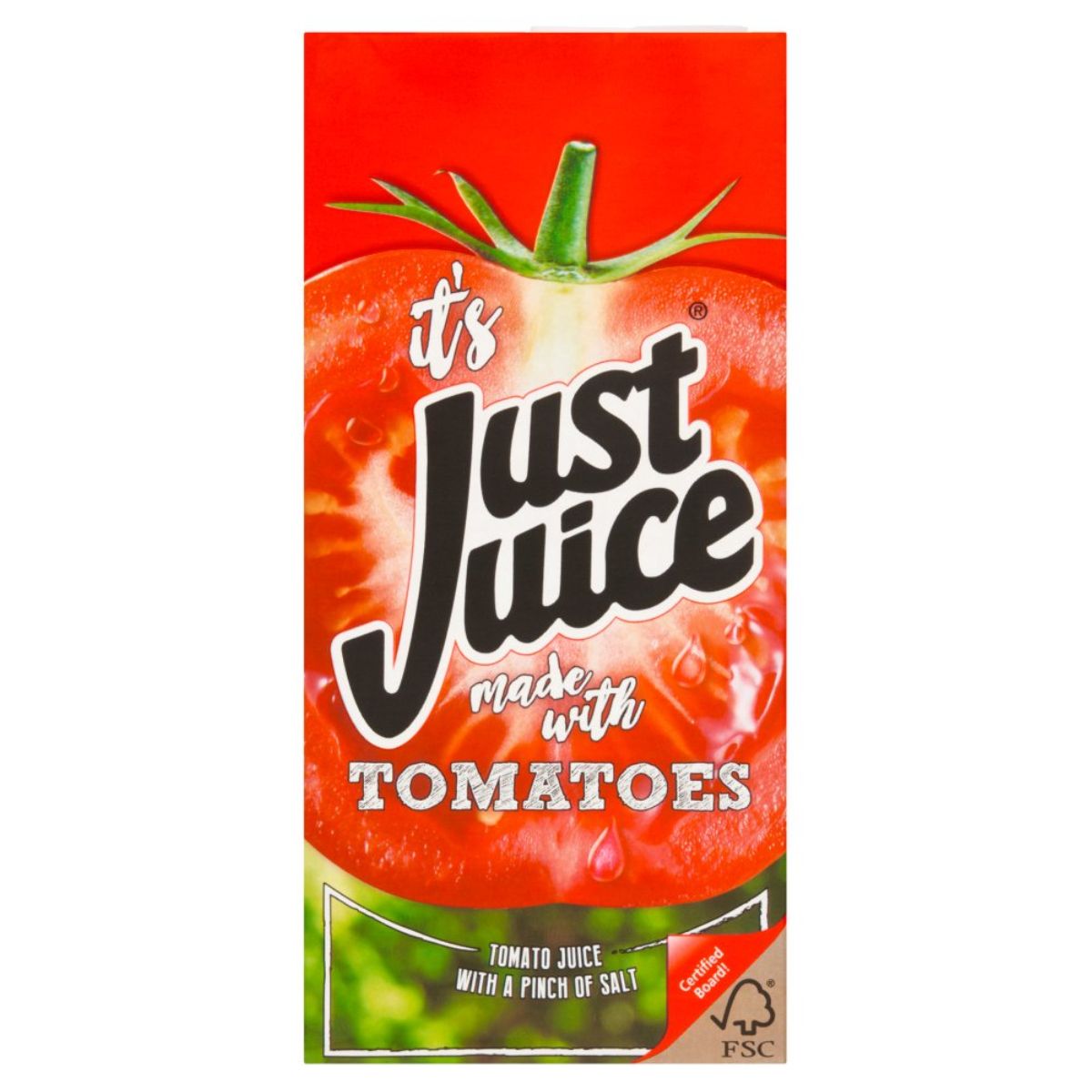 A 1L red carton of Just Juice Tomato Juice featuring a large tomato graphic and labeled "Tomato juice with a pinch of salt, made from ripe tomatoes for a natural taste. A 1L red carton of Just Juice Tomato Juice featuring a large tomato graphic and labeled "Tomato juice with a pinch of salt, made from ripe tomatoes for a natural taste.