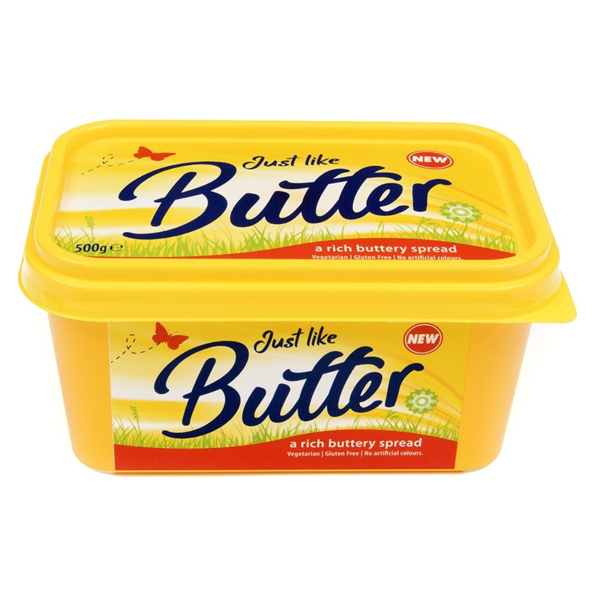 A yellow tub labeled "Just Like Butter - A Rich Buttery Spread - 500g" with a red butterfly and grass design, indicating it's a rich buttery spread. Suitable for vegetarians and gluten free, this spread also contains no artificial colors. A yellow tub labeled "Just Like Butter - A Rich Buttery Spread - 500g" with a red butterfly and grass design, indicating it's a rich buttery spread. Suitable for vegetarians and gluten free, this spread also contains no artificial colors.