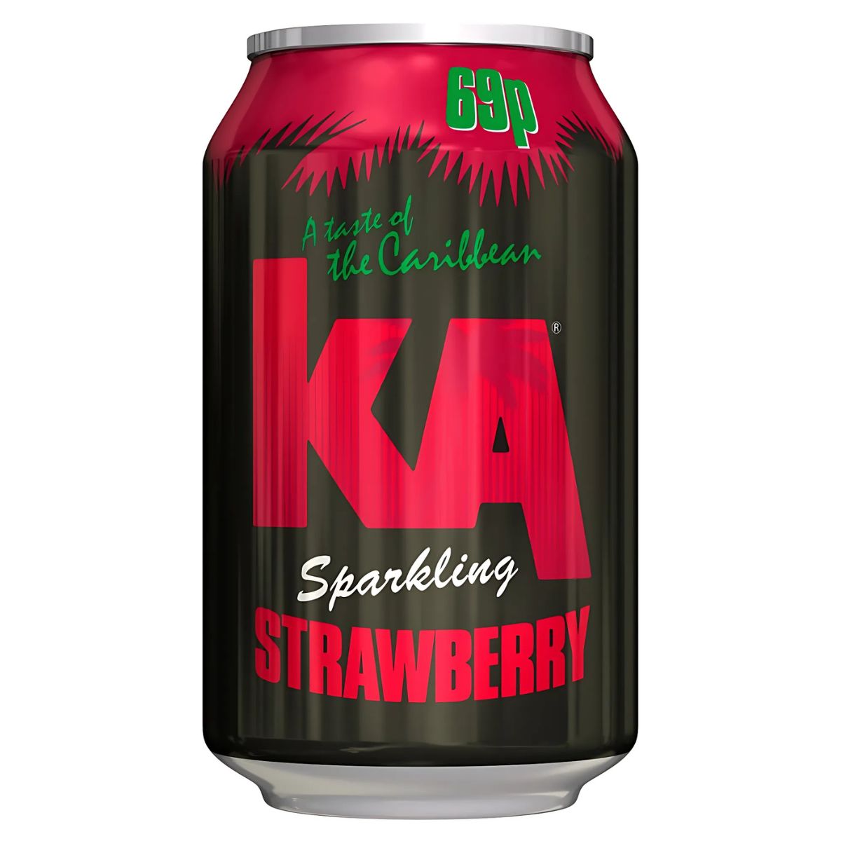 A 330ml can of KA Sparkling Strawberry, labeled 69p, features the slogan "A taste of the Caribbean" and offers a refreshing drink bursting with ripe strawberry flavor. A 330ml can of KA Sparkling Strawberry, labeled 69p, features the slogan "A taste of the Caribbean" and offers a refreshing drink bursting with ripe strawberry flavor.