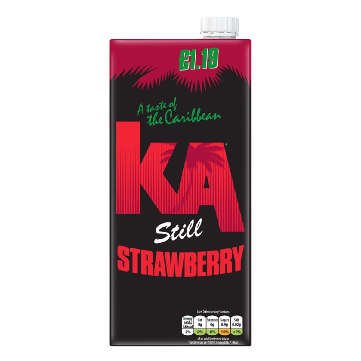 A bottle of KA - Still Strawberry - 1L juice on a white background.