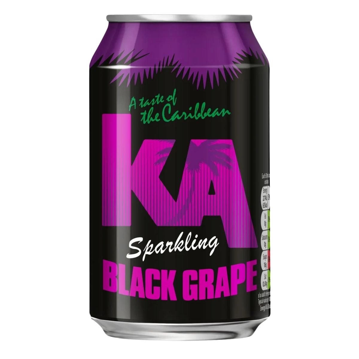 A 330ml can of KA - Sparkling Black Grape with a purple and black design, featuring "A taste of the Caribbean"—enjoy a premium, luxurious sparkling drink in every sip. A 330ml can of KA - Sparkling Black Grape with a purple and black design, featuring "A taste of the Caribbean"—enjoy a premium, luxurious sparkling drink in every sip.