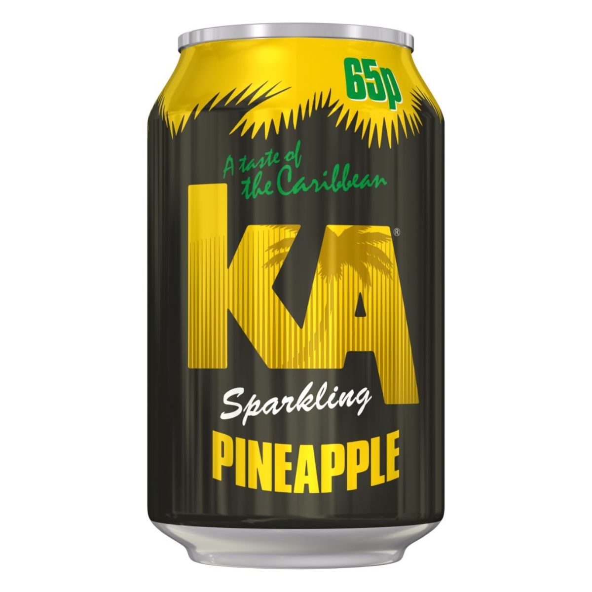 A can of KA Sparkling Pineapple featuring bold yellow and black graphics with tropical motifs and a price tag of 65p. A can of KA Sparkling Pineapple featuring bold yellow and black graphics with tropical motifs and a price tag of 65p.