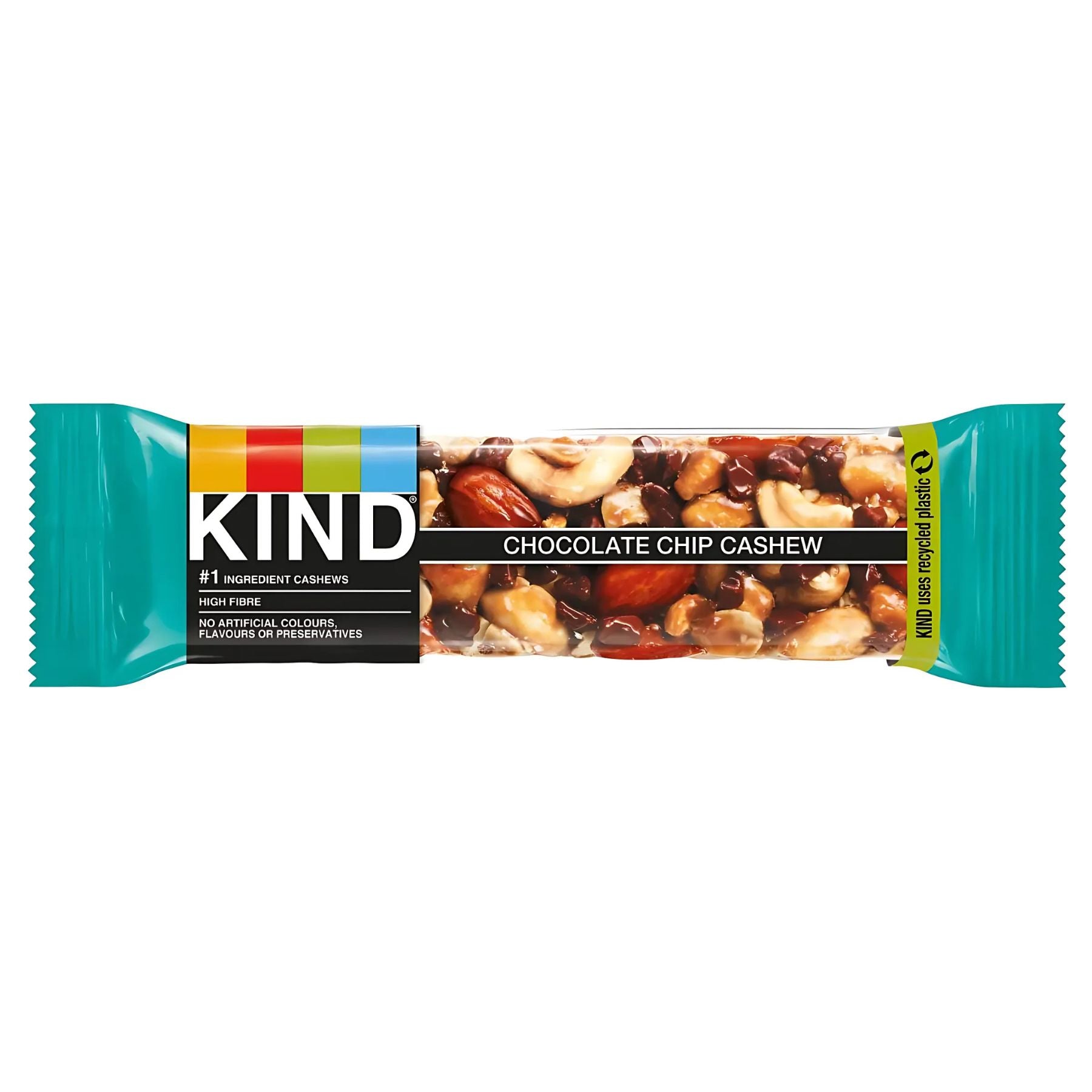 KIND - Chocolate Chip Cashew Bar - 50g, in a turquoise wrapper with visible nuts and chocolate chips, is high in fiber, gluten free, and contains no artificial colors or preservatives—a tasty and healthy snack. KIND - Chocolate Chip Cashew Bar - 50g, in a turquoise wrapper with visible nuts and chocolate chips, is high in fiber, gluten free, and contains no artificial colors or preservatives—a tasty and healthy snack.
