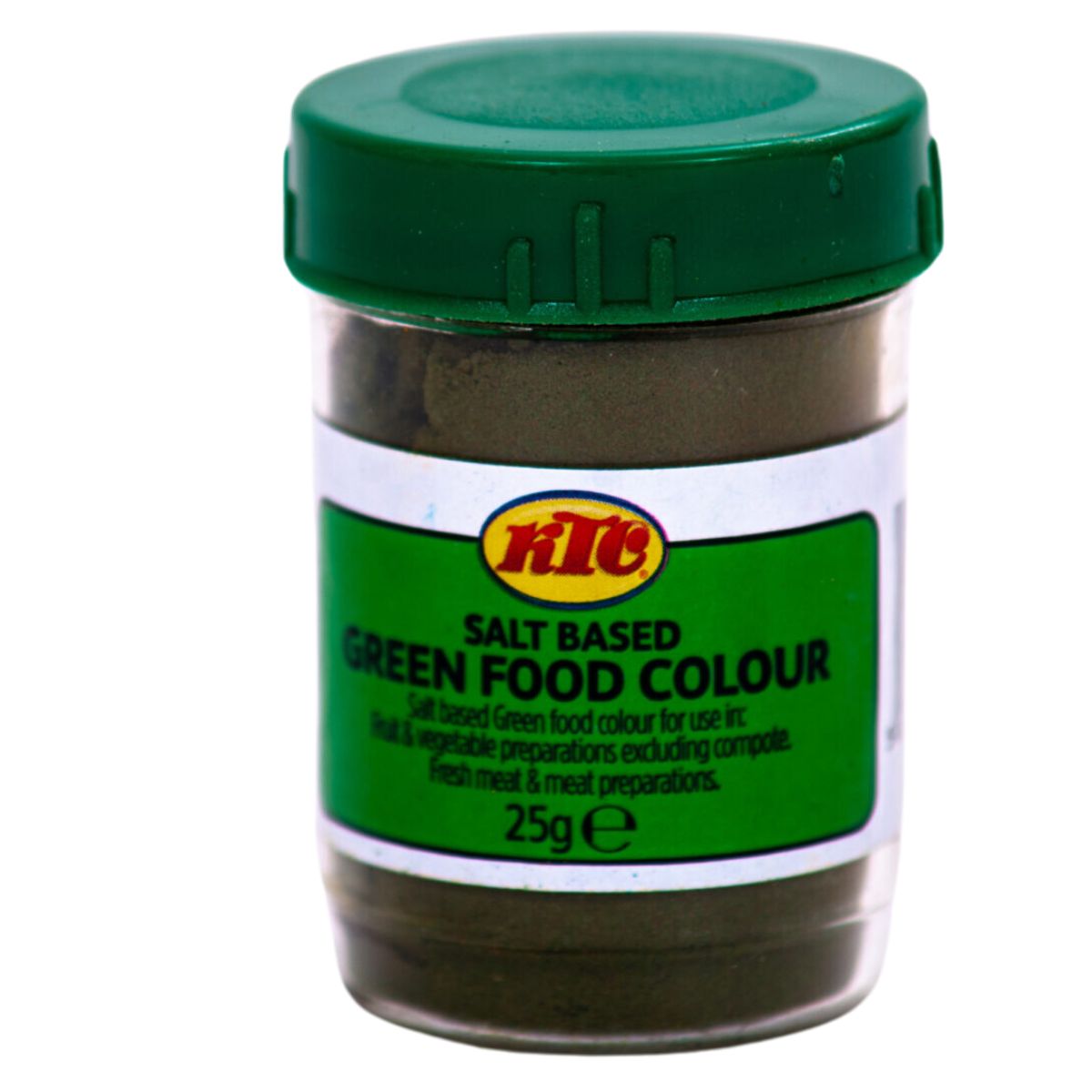 A jar of KTC - Green Food Colour - 25g, salt-based.