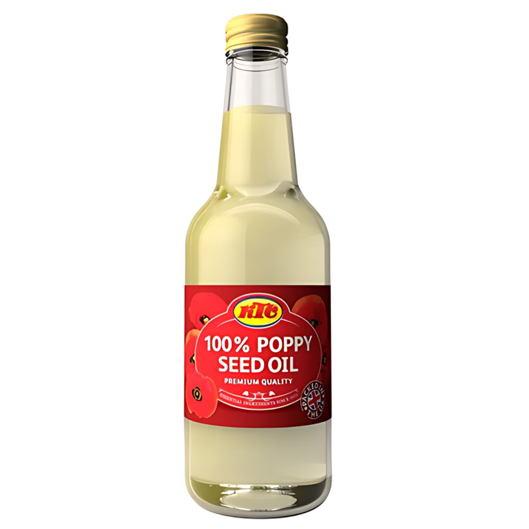 KTC Poppyseed Oil 250ml comes in a clear glass bottle with a red label, gold cap, and poppy flower images—ideal as a healthy cooking oil for heart-friendly diets. KTC Poppyseed Oil 250ml comes in a clear glass bottle with a red label, gold cap, and poppy flower images—ideal as a healthy cooking oil for heart-friendly diets.