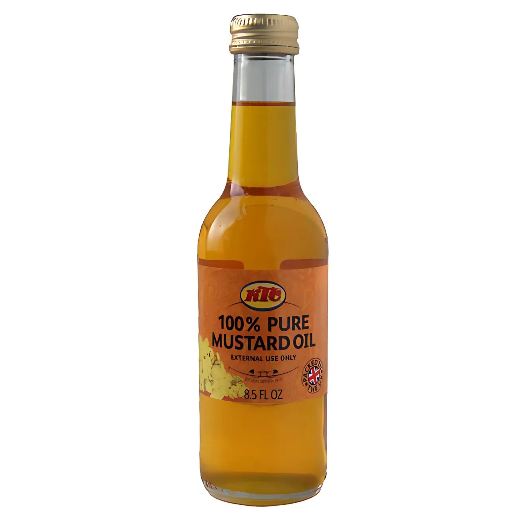 A clear glass bottle labeled "KTC - Pure Mustard Oil - 250ml, External Use Only," with a gold cap—ideal as a massage oil for external use. A clear glass bottle labeled "KTC - Pure Mustard Oil - 250ml, External Use Only," with a gold cap—ideal as a massage oil for external use.