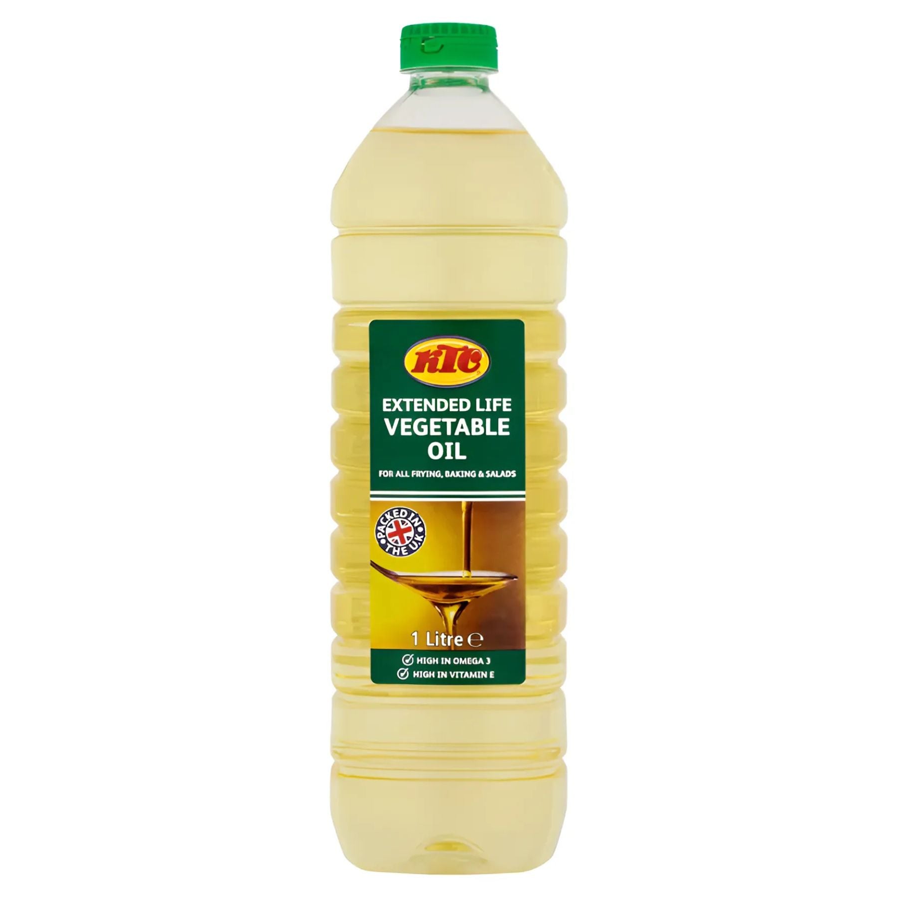A 1-litre bottle of KTC Vegetable Oil Extended Life with a green cap and label; this premium cooking oil is ideal for frying, baking, and salads. A 1-litre bottle of KTC Vegetable Oil Extended Life with a green cap and label; this premium cooking oil is ideal for frying, baking, and salads.
