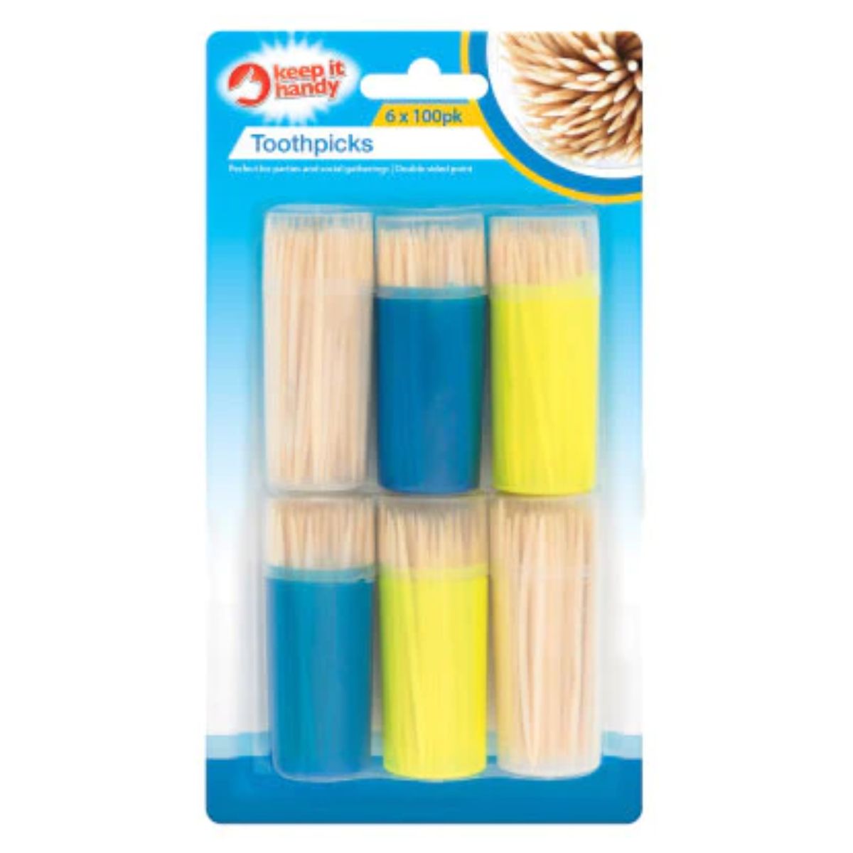Keep It Handy - Toothpicks in Holder - 6pcs in a plastic container with a blue label. Keep It Handy - Toothpicks in Holder - 6pcs in a plastic container with a blue label.