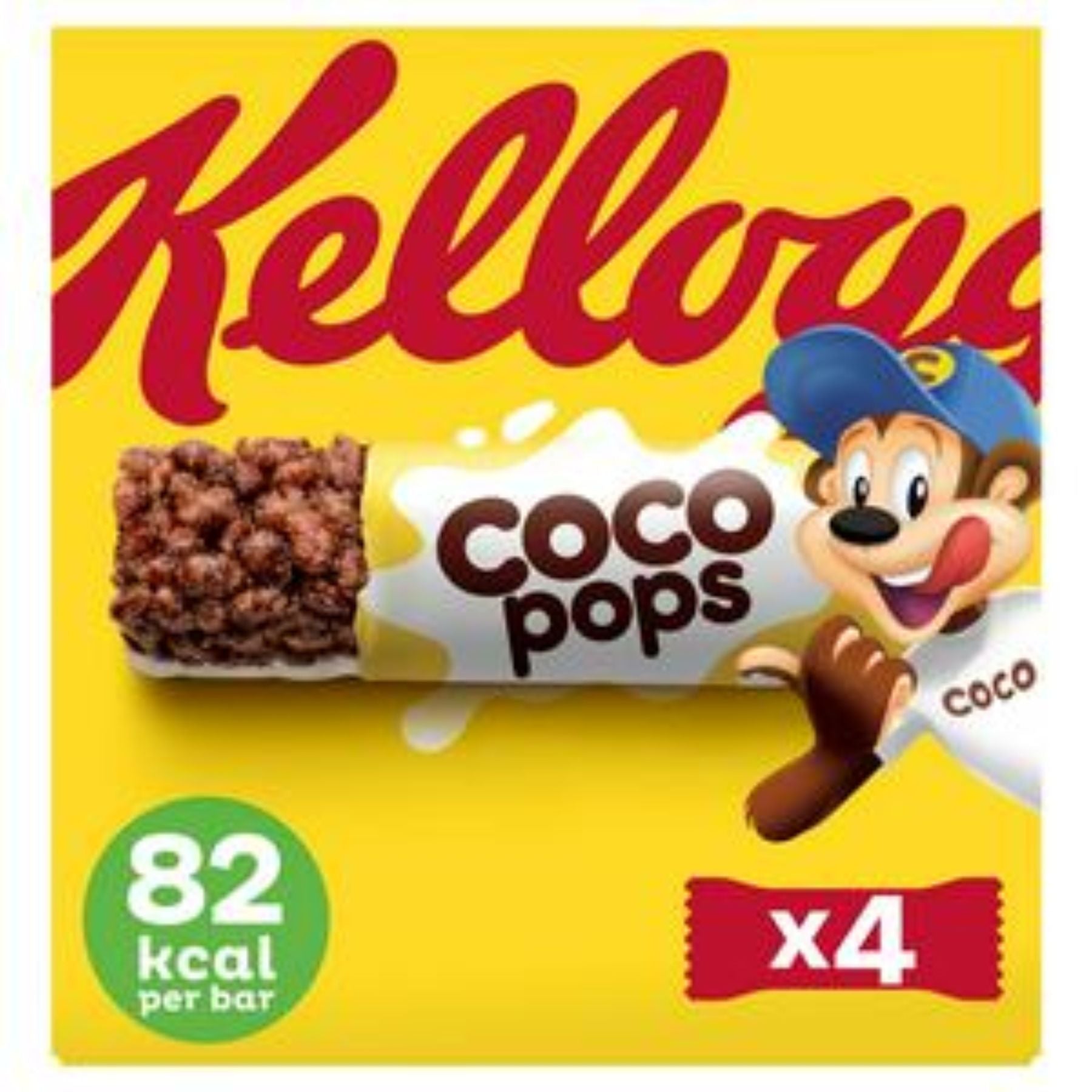 Kellogg's Coco Pops Chocolate Cereal Bars Multipack (4 x 20g) features a cartoon monkey on a yellow pack; each bar contains 82 kcal. Kellogg's Coco Pops Chocolate Cereal Bars Multipack (4 x 20g) features a cartoon monkey on a yellow pack; each bar contains 82 kcal.