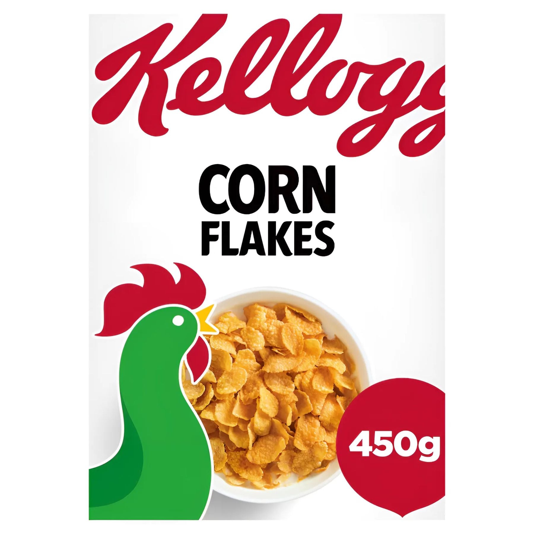 A white box of Kellogg's - Corn Flakes - 450g, a nutritious breakfast cereal fortified with vitamins and iron. A white box of Kellogg's - Corn Flakes - 450g, a nutritious breakfast cereal fortified with vitamins and iron.
