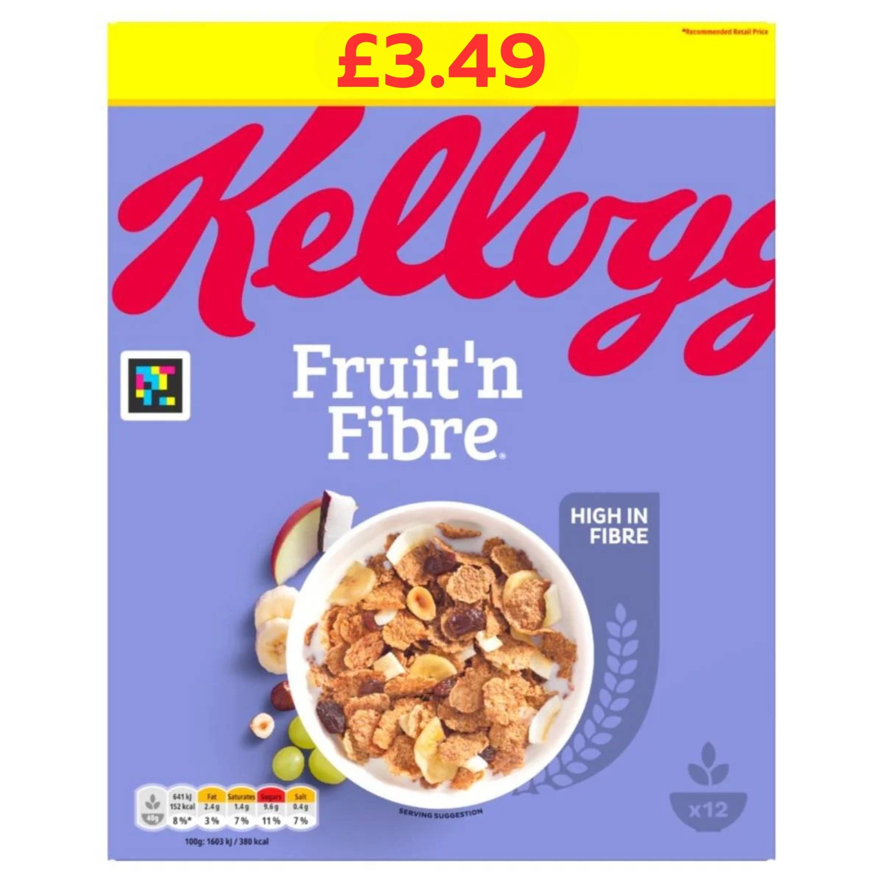 Kellogg's Fruit 'n Fibre Cereal 500g box featuring a cereal bowl and "High in Fibre" label, priced at £3.49. Kellogg's Fruit 'n Fibre Cereal 500g box featuring a cereal bowl and "High in Fibre" label, priced at £3.49.