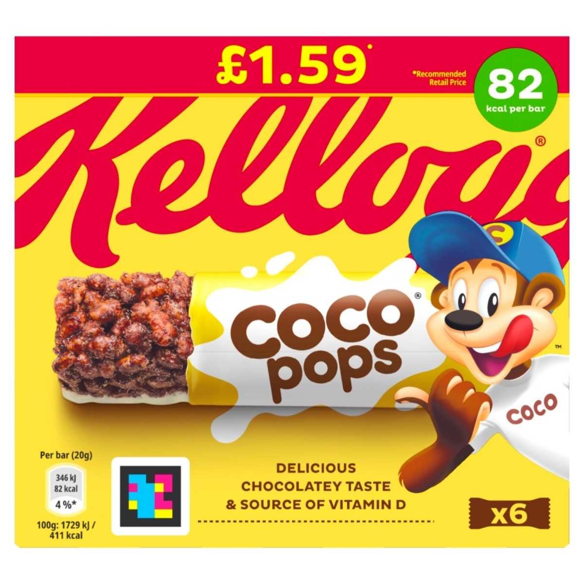 Kellogg's Coco Pops Chocolate Cereal Bars Multipack, containing six 20g bars, delivers the playful mascot experience in each bite. Priced at just £1.59, every tasty bar provides a sweet chocolate flavor with only 82 kcal per serving. Kellogg's Coco Pops Chocolate Cereal Bars Multipack, containing six 20g bars, delivers the playful mascot experience in each bite. Priced at just £1.59, every tasty bar provides a sweet chocolate flavor with only 82 kcal per serving.